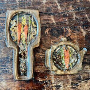 Mid Century Vomit Art Spoon Rests With Dried Flowers & Macaroni